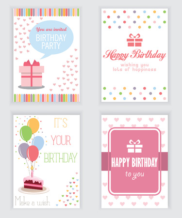 happy birthday, holiday, greeting and invitation card. there are typography, gift boxes, confetti, cake and teddy bear. layout template in A4 size. vector illustrationのイラスト素材