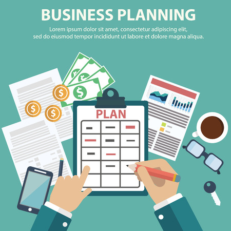 Business Planning. Writing hands with pencil, paper of plan, cup of coffee and business items.のイラスト素材