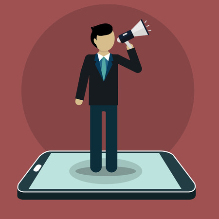 Businessman shouting with loudspeaker from smart phone. Digital marketing. business concept. vector.のイラスト素材
