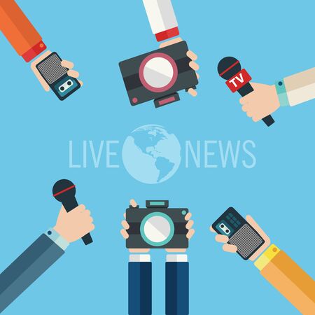 Journalism concept vector illustration in flat style.Vector live report concept, live news, hands of journalists with microphones, camera and tape recordersのイラスト素材