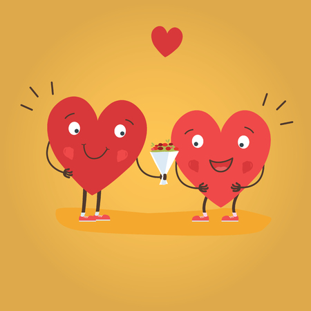 Two happy hearts in love. Cute couple in love giving flowers. Happy Valentine s day vector card - Vector illustrationのイラスト素材