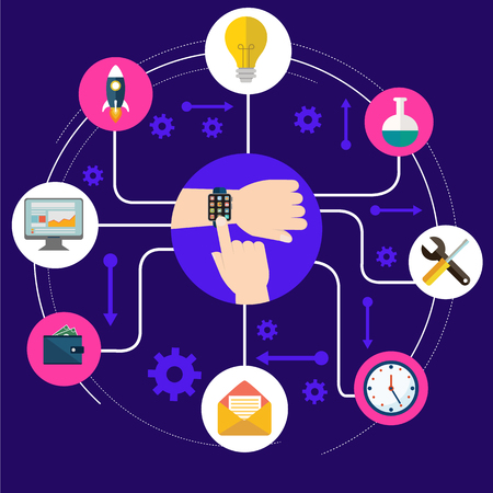 Smart Watch Technology Concept with Hands and Icons. Vector illustration in flat styleのイラスト素材