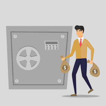 Business man puts bag with money in a metal safe. Vector, illustration, flat - Vectorのイラスト素材