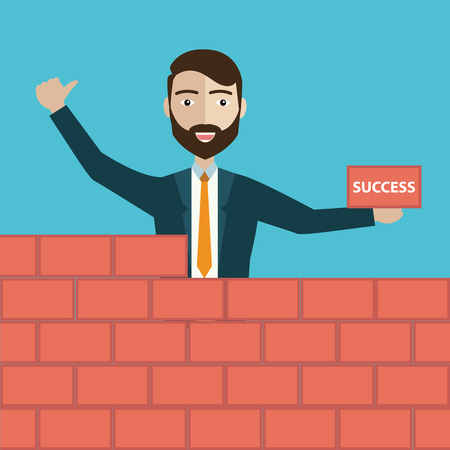 Successful businessman in yellow hard hat with trowel and bricks building a new business, for start-up theme designのイラスト素材