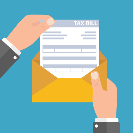 Hands holds envelope with tax declaration paper document. Tax day. Vector illustration in flat style - Vector illustrationのイラスト素材