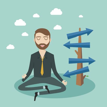 Thinking businessman meditating front of crossroad and selecting the best solution. Possibilities for business concept. Vector colorful flat illustration. - Vector illustrationのイラスト素材