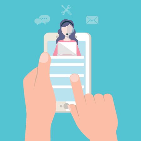 Landing page template customer and operator, online technical support 24-7 for web page. Vector illustration female hotline operator advises client. Online assistant, virtual help service smartphoneのイラスト素材