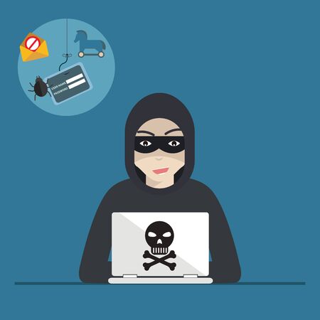 Hacker activity computer and e-mail spam viruses bank account hacking.Hacker activity computer and e-mail spam viruses bank account hackingのイラスト素材