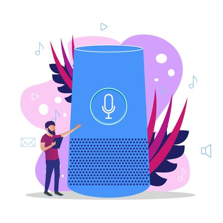 User with voice controlled smart speaker or voice assistant. Voice activated digital assistants, home automation hubのイラスト素材