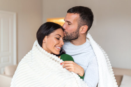 Romantic couple on a winter holiday. Man and woman standing together in a hotel room wrapped in blanket. Couple embracing and smiling.の写真素材