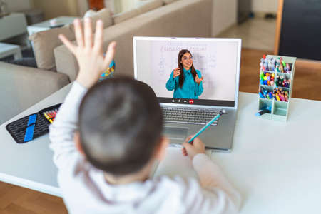 Homeschool little young boy student learning virtual internet online class from school teacher by...