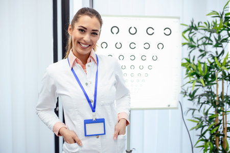 Close-up of female ophthalmologist testing patient with letters on special board. Copy space in left side. Professional attractive eye doctor in office at hospital. Modern medicine conceptの写真素材