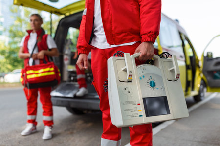 Hand of the doctor with defibrillator. Teams of the Emergency medical service are responding to an...