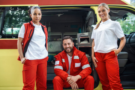 Happy, smiling team standing by the ambulance.