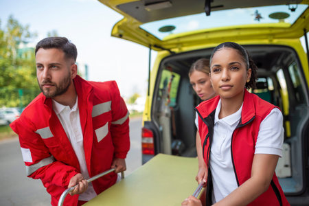 young paramedics moving ambulance stretcher from car. Paramedics in uniform taking stretcher out the...