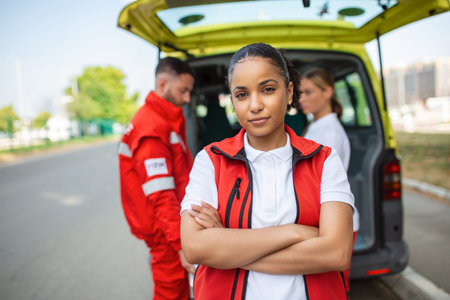Young female african american paramedic smiling, standing rear of the ambulance, arms crossed. Three...