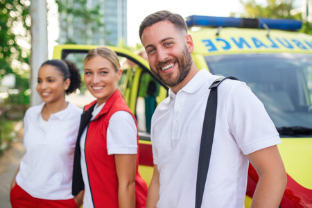 Multi-ethnic paramedics standing at the front of an ambulance.
