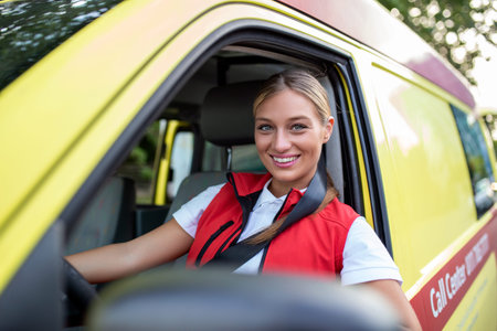 Ambulance staff members in her ambulance. She is wearing ambulance uniform of paramedics. She is...