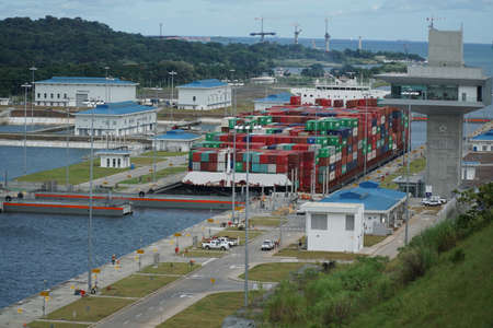 Gatun / Panama - October 19 2016: New sliding locks in the Panama canal - Clear Water sluices...