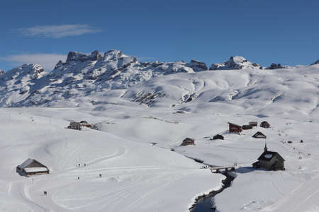 Melchsee-Frutt / Switzerland - February 24 2019 - Picture from snowshoe hike in the area of Ski-resort Melchsee-Frutt in central Switzerlandのeditorial素材