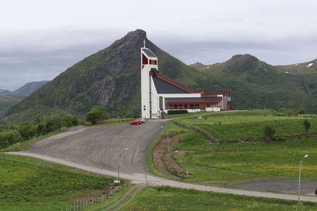 Bostad, / Norway - June 21 2019: Borge menighet, church of Borg on Lofoten Islands, Norwayのeditorial素材