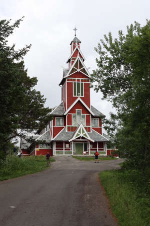 Gravdal / Norway - June 19 2019: Buksnes kirke, famous wooden church on Lofoten Islands, Norwayのeditorial素材