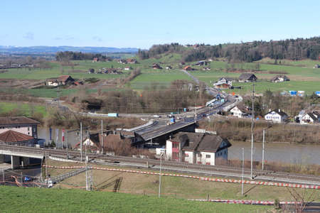 Gisikon, Kanton Luzern / Switzerland - March 01 2020: Road work site at Motorway exit Gisikon Root...