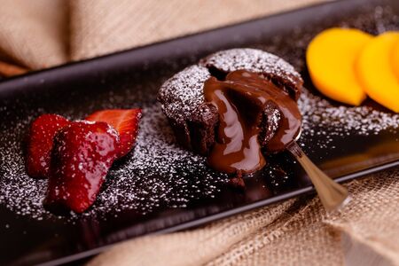 lava cake and fruitsの写真素材