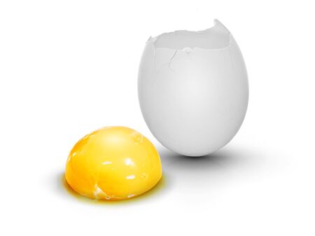 White cracked egg with eggyolk, very clean on white background with shadowの写真素材