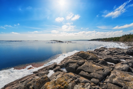 Coast of Baltic sea in early spring, Grisslehamn, Swedenの写真素材