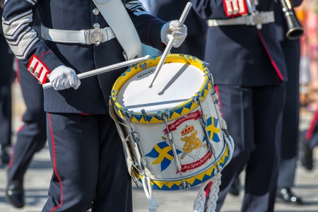 STOCKHOLM, Sweden - JUNE 8: The Royal Wedding between Princess Madeleine and Chris O´Neill and the parade with the the Army Music Corps featuring a drummer. June 8, 2013, Stockholm, Swedenのeditorial素材