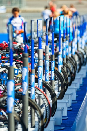 STOCKHOLM - AUG, 24  Start and finishing area with bikes on a row at the royal castle, Womans ITU World Triathlon Series event Aug 24, 2013 in Stockholm, Swedenのeditorial素材