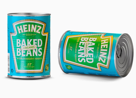 STOCKHOLM, SWEDEN - JANUARY 3, 2014  Photo of a tin can of Heinz Organic baked beans with tomato sauce, one standing and one flipped on the side のeditorial素材