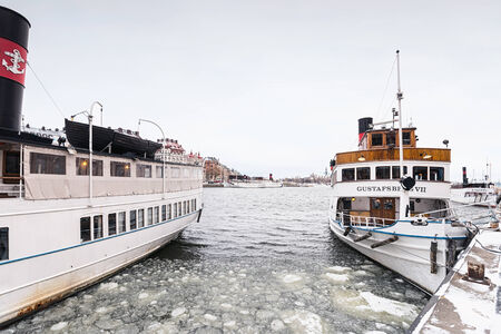 STOCKHOLM, SWEDEN - JAN 30; m s Gustafsberg IV at quay in winter, from the StrÃ¶mma kanal company at Nybrokajen at off the season  2014 in Stockholm, Sweden のeditorial素材