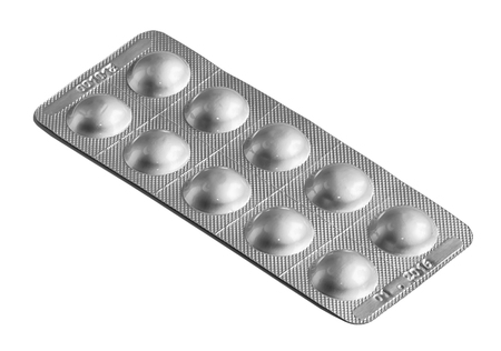 Pills in a metallic casing, allergic pills isolated on whiteの写真素材