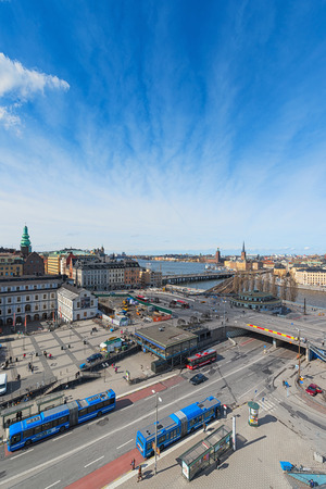STOCKHOLM - APRIL 12: Aerial view of Stockholm and Slussen from Katarinahissen (Katarina Elevator). April 12, 2014 in Stockholm, Sweden. The Slussen area will be renovated in the years to come.のeditorial素材