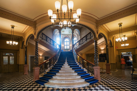 SUNDSVALL - JULY 31: Entrance to Hotel Knaus with its famous elegant marble stairs. July 31, 2014 in Sundsvall, Sweden. Built in 1891 and opened as hotel 1978.のeditorial素材
