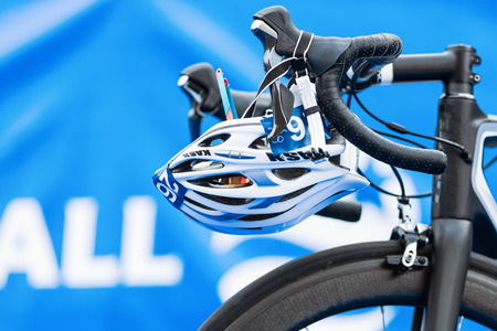STOCKHOLM - AUG, 23: Closeup of helmet and triathlon bike gear in the transition zone at the Mens...