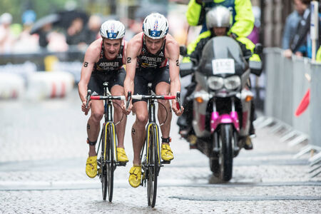 STOCKHOLM - AUG, 23: Triathlete Jonathan Brownlee in front of his brother Jonathan at the Mens ITU World Triathlon Series event August 23, 2014 in Stockholm, Swedenのeditorial素材