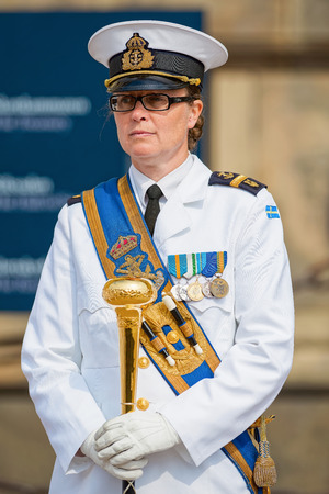 STOCKHOLM - JUNY 6: Officer of the Royal Swedish Music battalion during a public performance at the Royal castle in Stockholm. Stockholm, Juny 6th 2014のeditorial素材