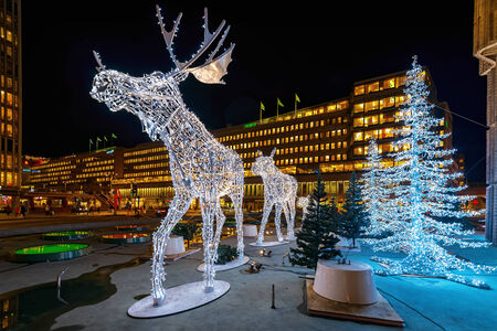 STOCKHOLM - 25 NOV: Closeup of christmas decorations in forms of a Moose in the city centre of Stockholm. 25 November 2014, Sweden. Sergels torg during renovationのeditorial素材