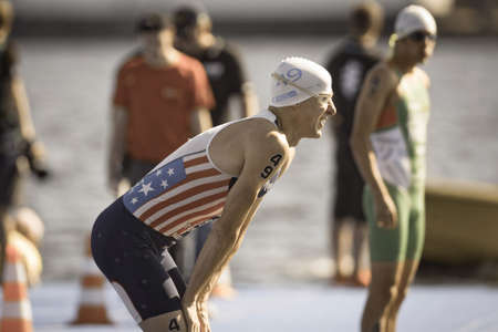 STOCKHOLM, SWEDEN - AUG 22, 2015: Hunter Kemper from the USA getting ready for the Men's ITU World Triathlon series eventのeditorial素材