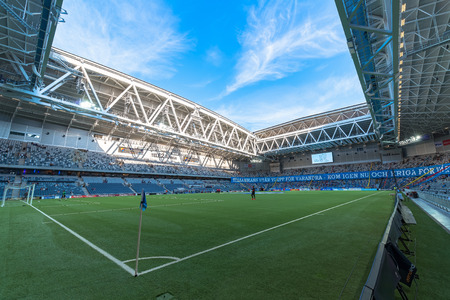 STOCKHOLM, SWEDEN - AUG 24, 2015: Tele2 Arena at the field before the derby soccer game between the rivals Hammarby and Djurgarden.のeditorial素材