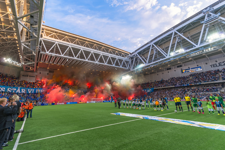 STOCKHOLM, SWEDEN - AUG 24, 2015: Tele2 Arena with Djurgarden tifo at the field before the derby soccer game between the rivals Hammarby and Djurgarden.のeditorial素材