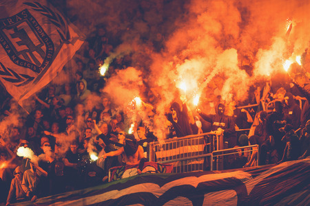 STOCKHOLM, SWEDEN - AUG 24, 2015: Hammarby fans and tifo at the soccer game between the rivals...