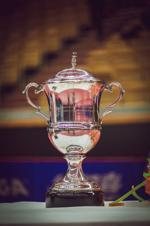 STOCKHOLM, SWEDEN - NOV 15, 2015: Closeup of pokal at table tennis tournament SOC at the arena Eriksdalshallen.のeditorial素材