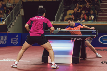 STOCKHOLM, SWEDEN - NOV 15, 2015: Match between Liang Jingkun and Fan Zhendong from China at the...