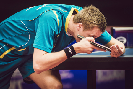 STOCKHOLM, SWEDEN - NOV 11, 2015: Table tennis tournament SOC at the arena Eriksdalshallen. Swedish Open Championshipsのeditorial素材