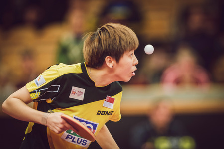 STOCKHOLM, SWEDEN - NOV 15, 2015: Final match in double between Ye, Yihan (SIN) and Meng, Zi (CHI) at the table tennis tournament SOC at the arena Eriksdalshallen.のeditorial素材
