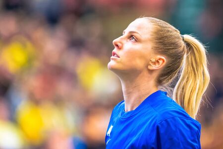 SODERTALJE, SWEDEN - NOV 21, 2015: Women European Qualifier game between Sweden and Spain at Taljehallen.のeditorial素材